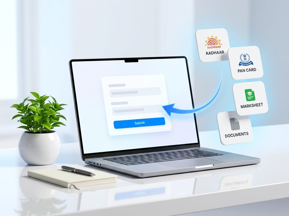 A laptop showing a form, with Aadhaar, PAN and marksheet cards flowing into it
